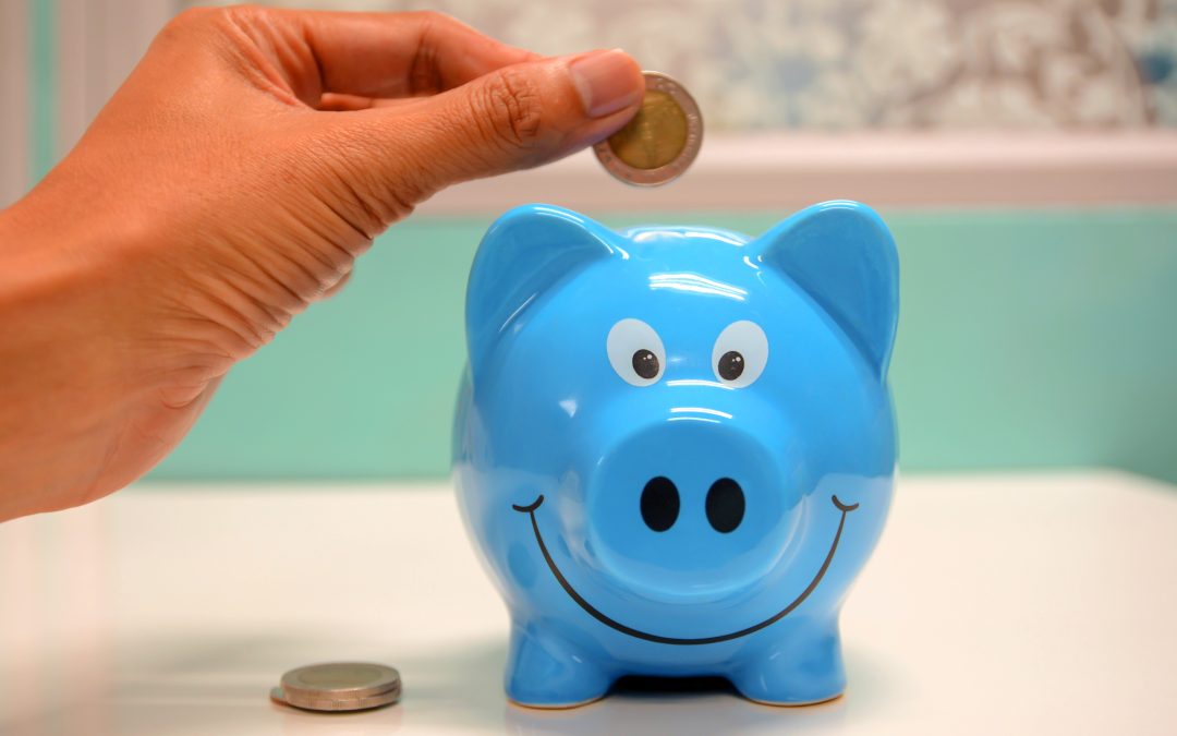 blue piggy bank with a hand adding money. Investment in marketing VENTUREWRITE
