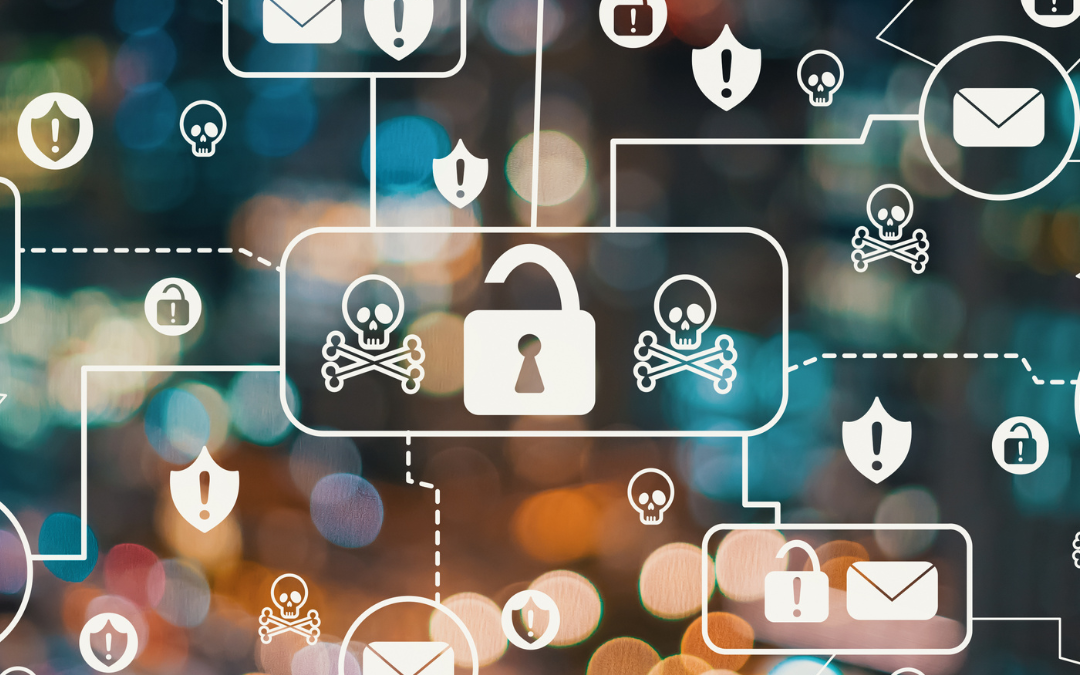 A digital web of skull icons with a lock in the middle